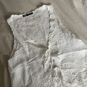 Zara White Gauze Tank with Scalloped Edge
